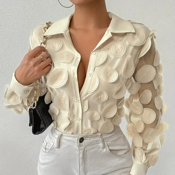 NEW! ELEGANT CHIFFON Raised PETALS BLOUSE SZ L - Picture 3 of 5